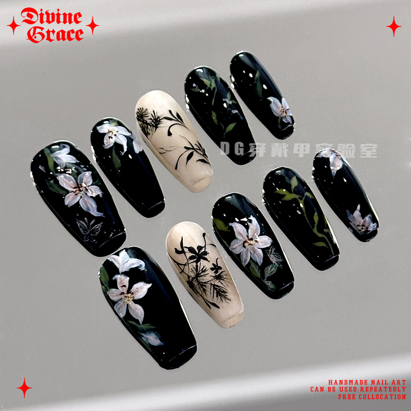 【National Style Nail Art】Lily National Style Ink Painting Brightening Hand-Painted Nail Art/Original High-Quality Handmade Wearable Nails