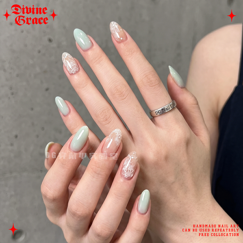 [Hot Girl Manicure] Summer Mint Lace Stunningly Beautiful Constructed Manicure / Original High-End Handmade Wearable Nails