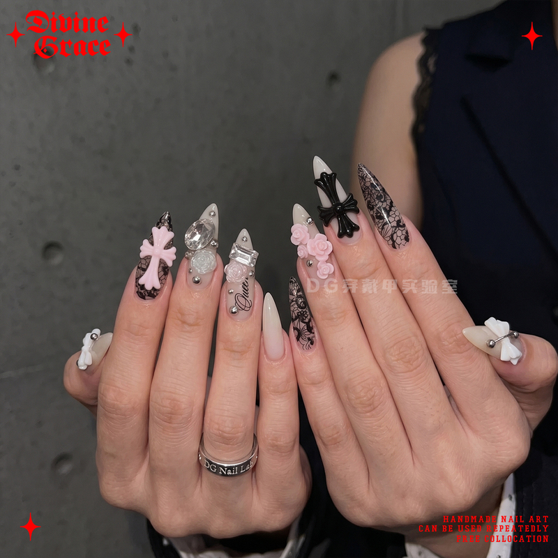[Hot Girl Nail Art] Black Pink Lace Bow Sweet Cool Hot Girl Summer Nail Art Original High-Quality Handmade Nail Art