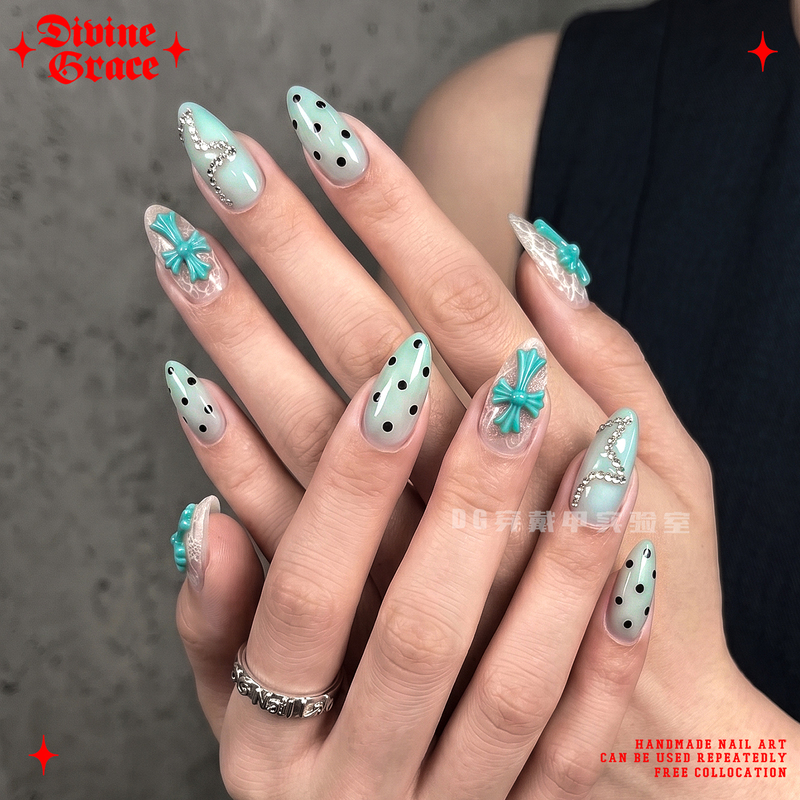 [Hot Girl Nail Art] Korean-Style Mint Star Embossed Cross Summer Nail Art with a High-End Feel, Purely Handmade Press-On Nails