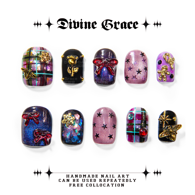 【Dg】Retro Plaid Y2K Sexy Short Nails/Sweet and Cool Dark Christmas Manicure High-Quality Handmade Wearable Nails
