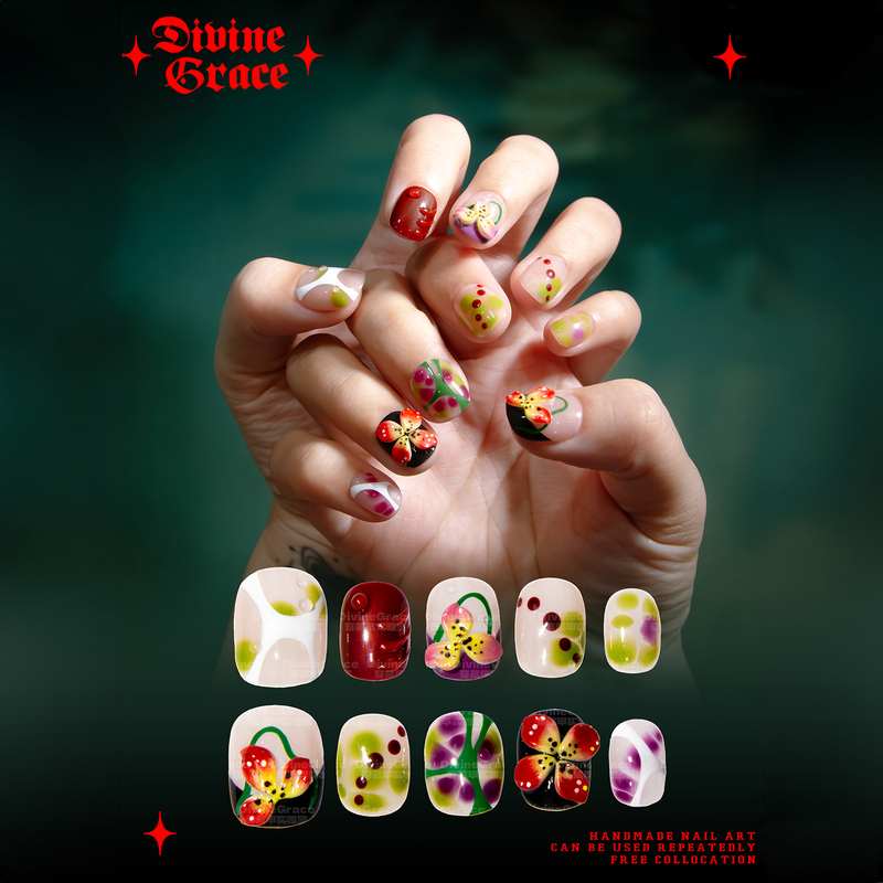 [Dg] Hawaiian Tropical Flower Manicure Wearable Nails/High Quality Hand-Carved Wearable Nails