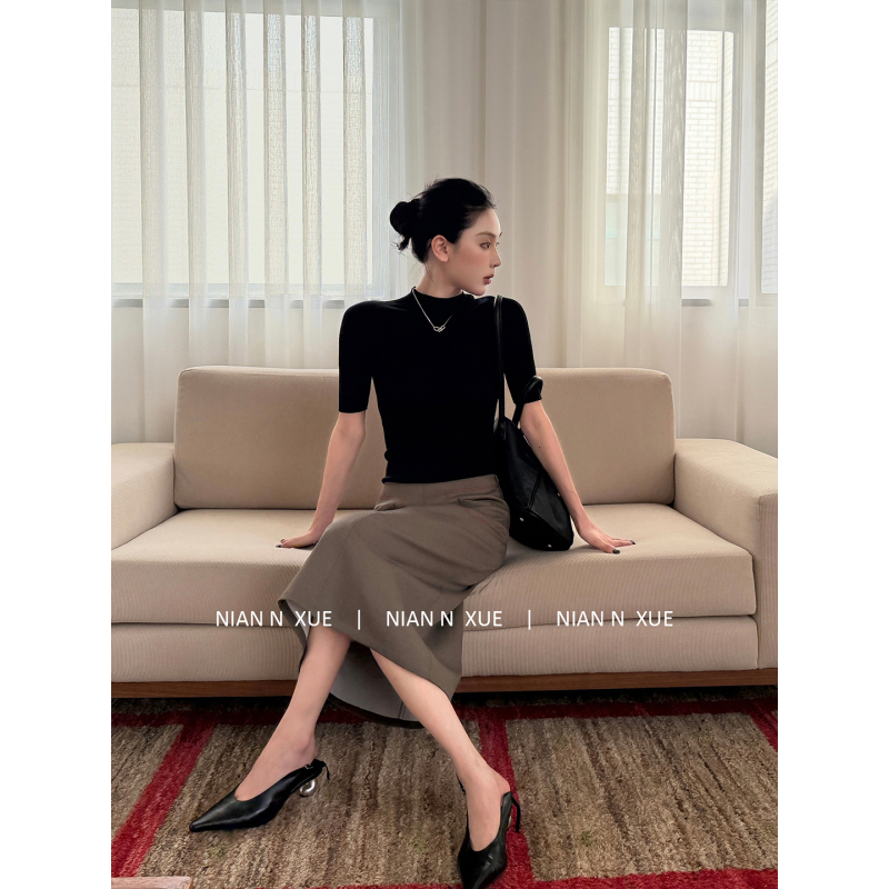 Nian N Xue Lengdu Women's 100% Sheep Wool Seamless Integrated Yangzi Yarn Short-Sleeve Multi-Collar Knitted Top for Women