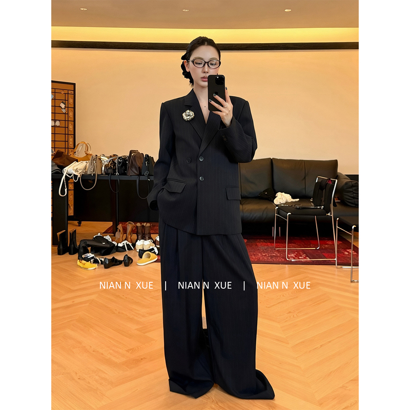 Nian N Xue Power Suit Set Striped Tr Minimalist Style Two-Piece Casual Pants + Blazer Jacket for Women