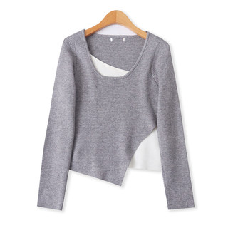 设计感假两件毛衣 春秋新款女时尚减龄圆领长袖拼色软糯毛衣33062