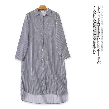 Striped shirt dress spring and summer new foreign trade women's simple lapel single-breasted long-sleeved slit dress 29120