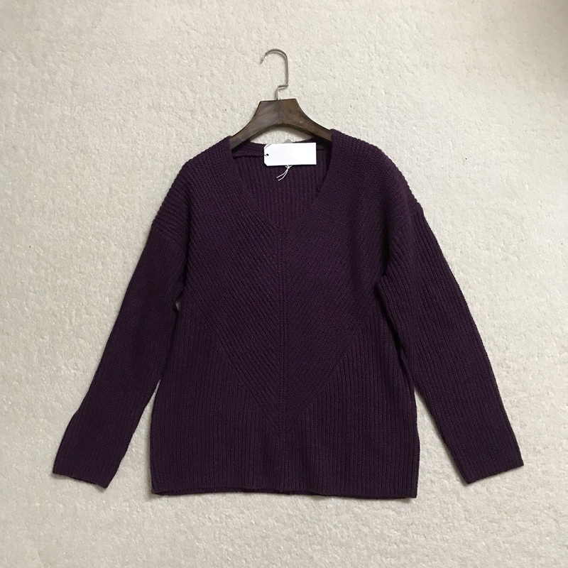 New European and American Minimalist V-Neck Purple Blended Pullover Sweater