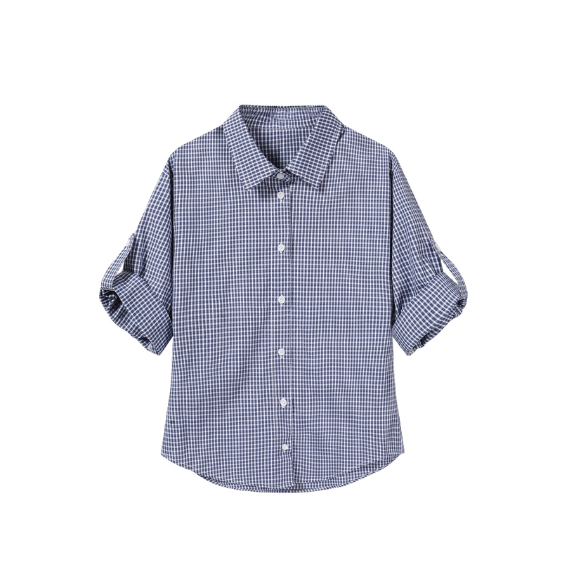 Calm Pause Blue and White Checkered Short-Sleeve Shirt, Vintage Plaid Slim-Fit Waist-Cinching Short-Sleeve Summer Women's Clothing