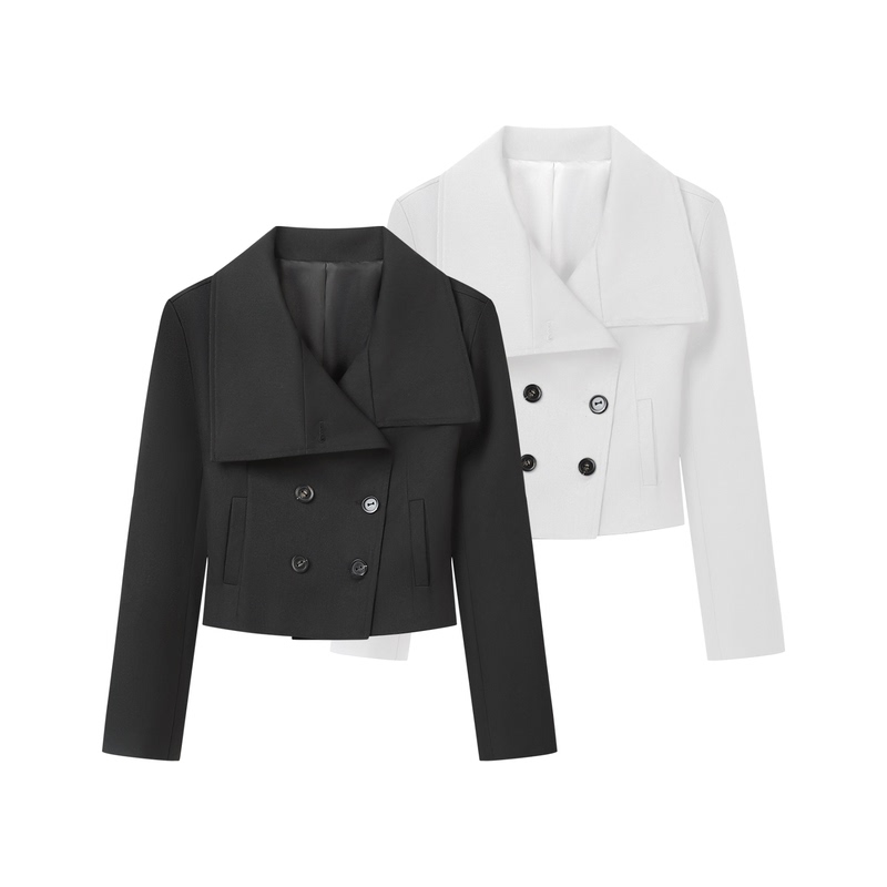 Calm Pause Stand-Up Collar Buttoned Jacket, Large Lapel Design for Petite Figures, Professional and Capable Long-Sleeve Short Coat for Commuting