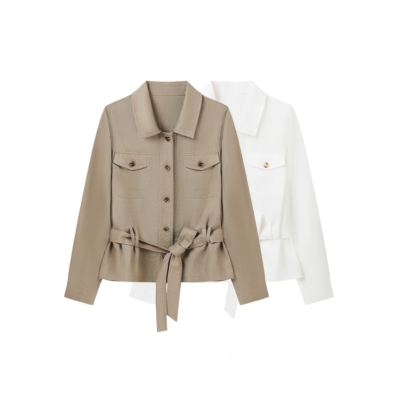Calm Pause Tie-Front Linen Shirt, Mid-Length, Sophisticated, Waist-Cinching, Structured Shoulder, Workwear, Old Money Style Blazer