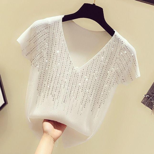 (Manufacturer) nóng kim cương băng đan áo len nữ mỏng cổ chữ V T-shirt 2019 mùa hè sexy mới ngắn tay hàng đầu