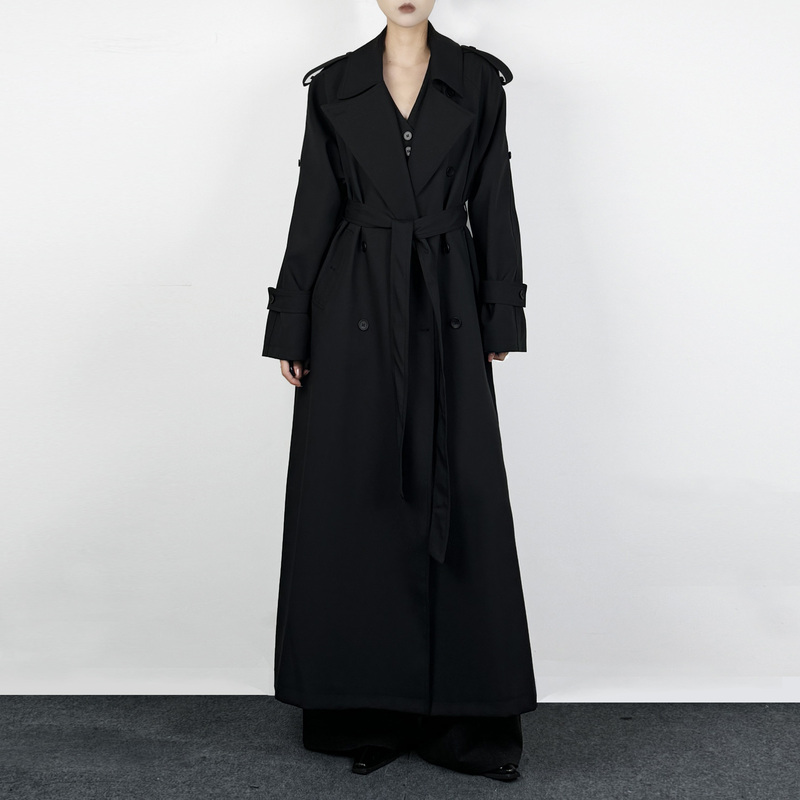 Jieyu 2024 New Autumn Long High-End Black Double-Breasted Trench Coat for Women