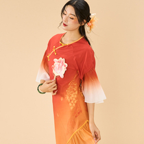 Poetic Flower Carp Beauty Red Dress Qipao Dance Suit классический танцевальный костюм Чайна Танца для тела