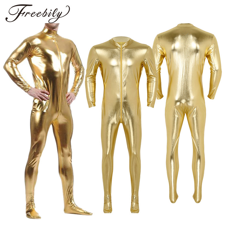 Mens Unitard Halloween Full Body Zentai Gold Shiny Metallic