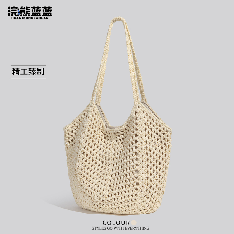 Raccoon Blue Handmade Mesh Vacation Style Woven Bag for Women New Summer Large Capacity Shoulder Bag Mesh Straw Bag