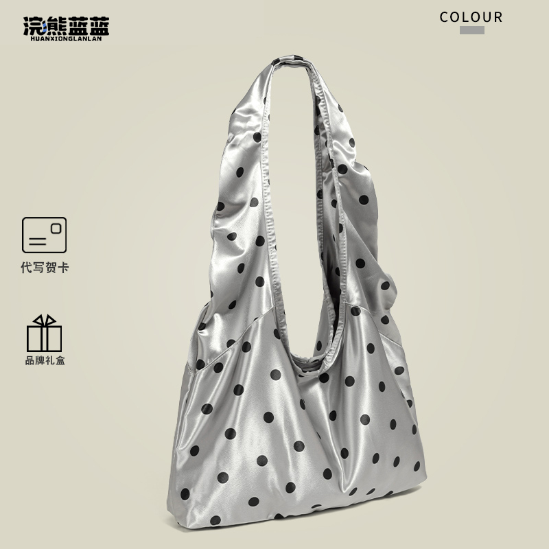 Raccoon Blue Korean-Style Silver Polka Dot Satin Shoulder Bag for Women 2026 New Spring/Summer High-End Commuter Tote Bag