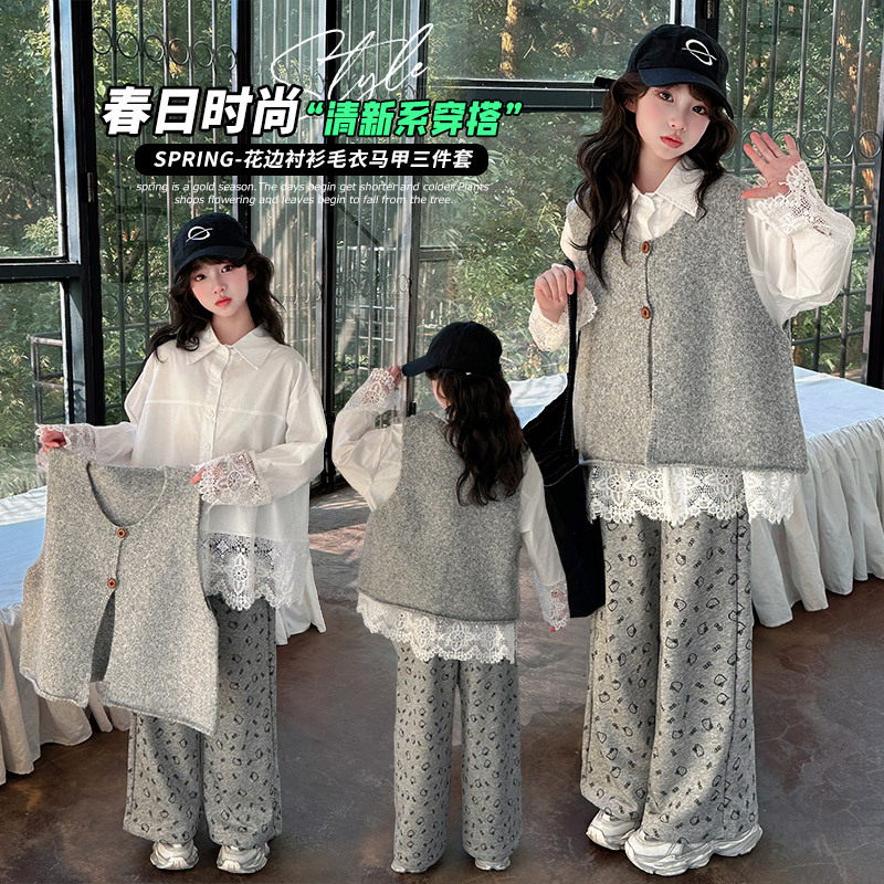 Girls' Suit 2026 New Spring Fashion Stylish Little Girl Vest Three-Piece Set for Middle School Students Popular in Spring and Autumn