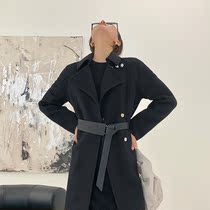 2021 new fur coats female double face in large coat with long style wool autumn and winter splicing genuine leather Hepburn Black