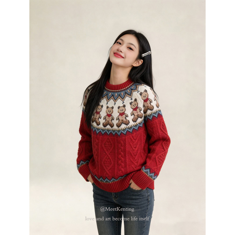 Encounter Kenting Fair Isle Style Red Sweater for Women, Winter Round Neck Pullover, Teddy Bear Jacquard Retro Sweater Encounter Kenting Fair Isle Style Red Sweater for Women, Winter Round Neck Pullover, Teddy Bear Jacquard Retro Sweater