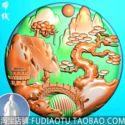 Jade carving landscape circle character Li Bai Xiaoqiao pine tree Mountain Water carving figure JDP relief map BMP grayscale map