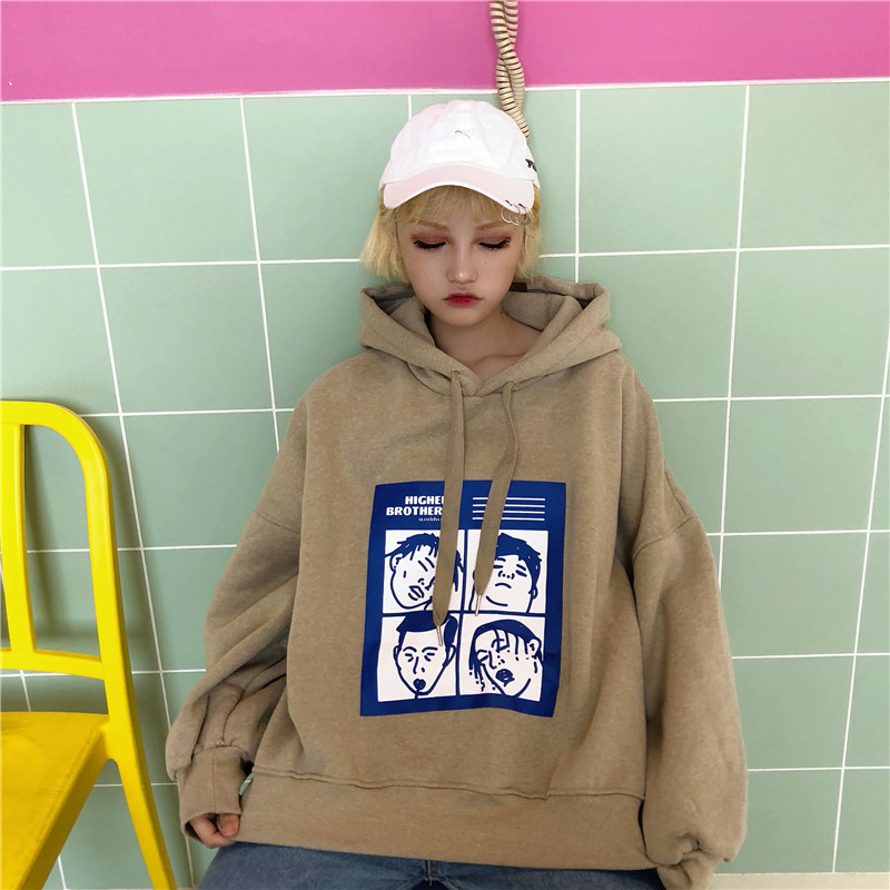 Hàn Quốc ulzzang Harajuku bf gió mùa thu và mùa đông Phiên bản Hàn Quốc của áo len nữ trùm đầu lỏng lẻo cộng với áo khoác nhung siêu dày áo kiểu nữ cao cấp