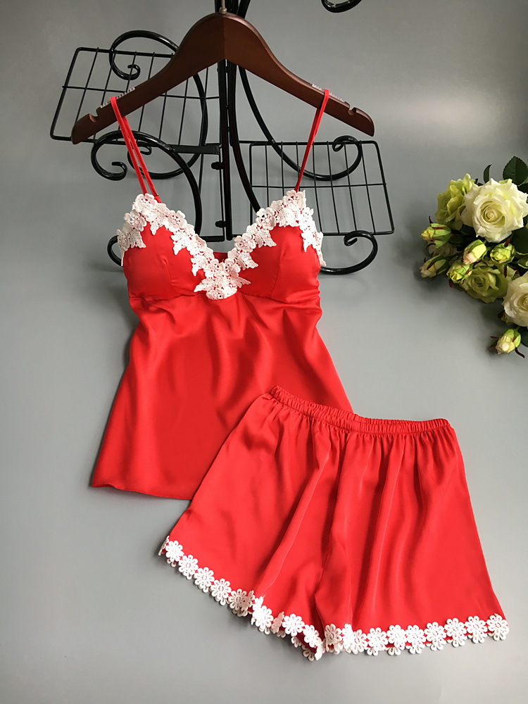 Đồ ngủ của phụ nữ mùa hè Sexy Halter đồ ngủ hai mảnh Set với ngực pad băng lụa mỏng đồ ngủ lụa bộ