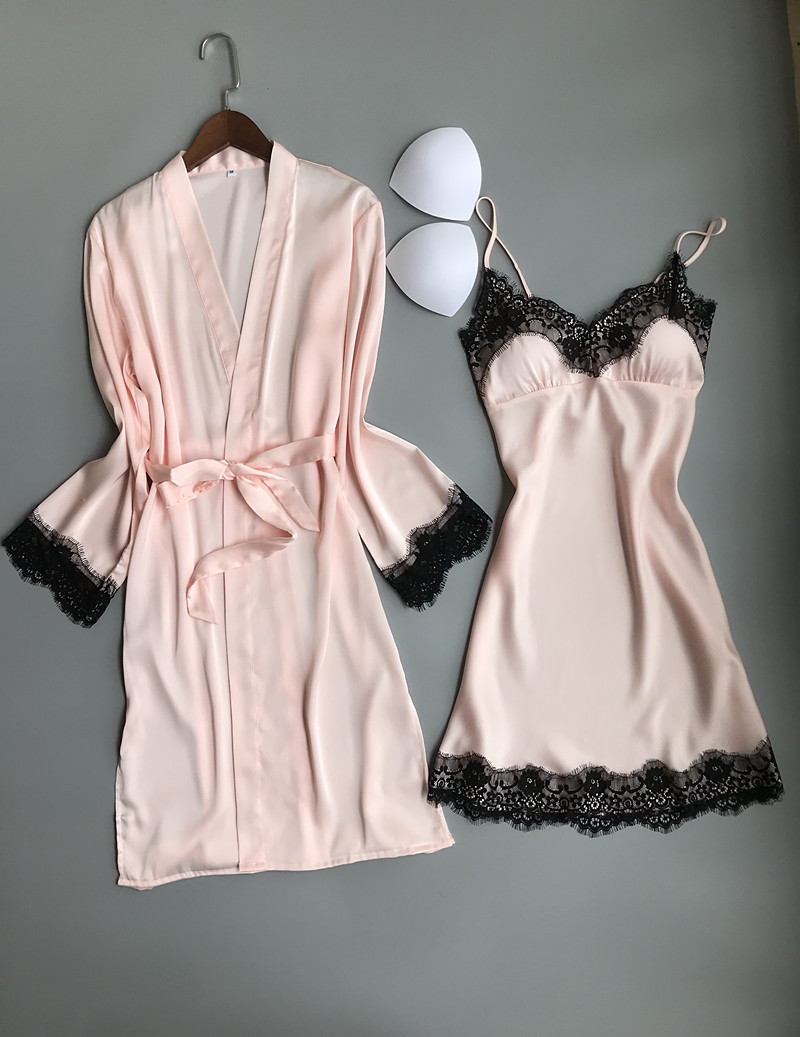 Hàng ngày đặc biệt băng lụa đồ ngủ nữ mùa hè hai mảnh sexy dây đeo nightdress lụa dài- tay lụa áo ngủ với ngực pad