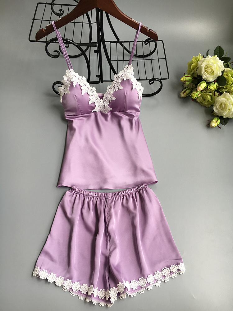 Đồ ngủ của phụ nữ mùa hè Sexy Halter đồ ngủ hai mảnh Set với ngực pad băng lụa mỏng đồ ngủ lụa bộ