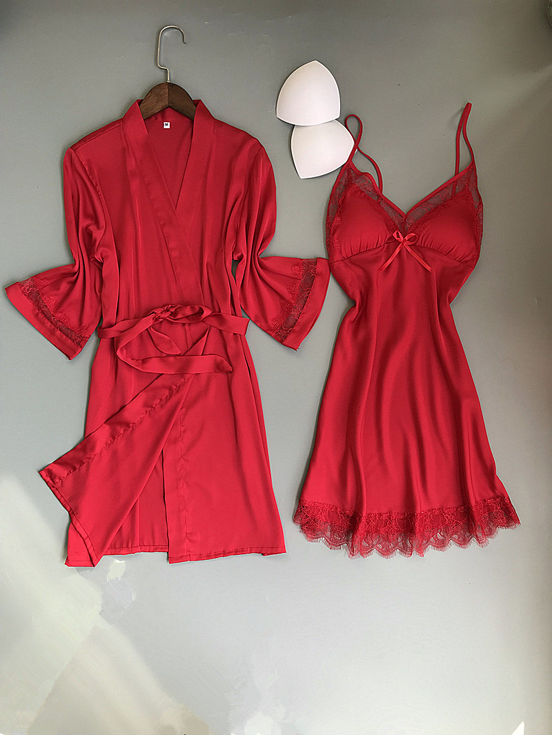 Đồ ngủ của Phụ Nữ Mùa Xuân và Mùa Thu Sexy Băng Lụa Sling Nightdress Ren Robe với Ngực Pad Mô Phỏng Lụa Hai mảnh Mùa Đông và Mùa Hè đồ ngủ 2 dây