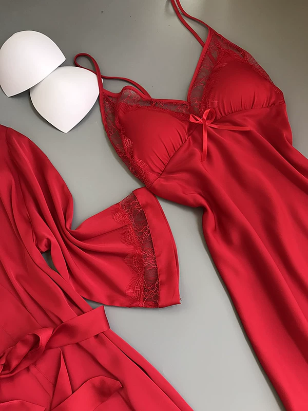 Đồ ngủ của Phụ Nữ Mùa Xuân và Mùa Thu Sexy Băng Lụa Sling Nightdress Ren Robe với Ngực Pad Mô Phỏng Lụa Hai mảnh Mùa Đông và Mùa Hè