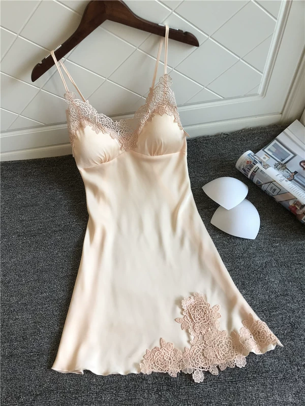 Băng lụa đồ ngủ phụ nữ mùa hè sling sexy nightdress với ngực pad thu thập đồ ngủ đồ ngủ lụa thêu ren cám dỗ