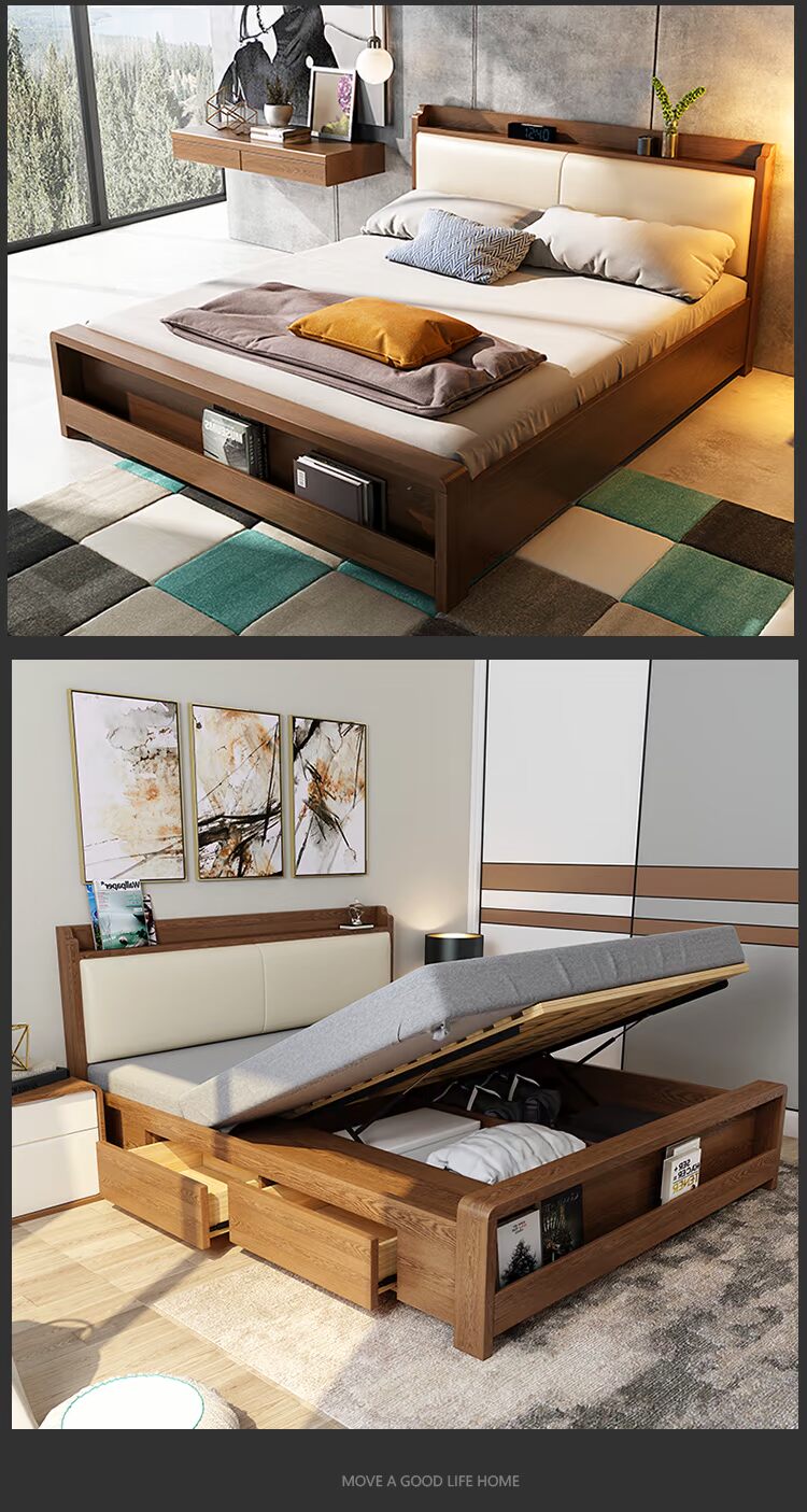 giường gỗ nordic 1,8 m 1,5 m lưu trữ hộp cao đơn giản giường hôn nhân hiện đại phòng ngủ đôi phòng ngủ Ash - Giường giuong tang gia re