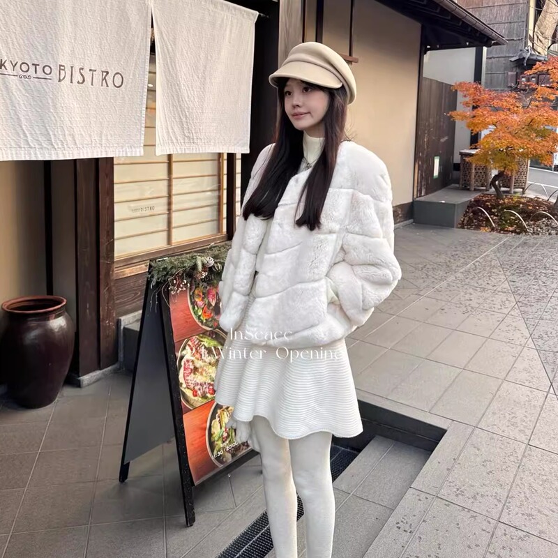 Inseacc'Rabbit Date Day' Luxury Fur Coat Rex Rabbit Coat Pearl Color Cape