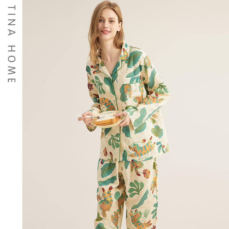 Double-Layer Cotton Gauze Jungle Tiger Pajamas for Women, Spring and Autumn Pure Cotton Home Wear, Can Be Worn Outside, Long-Sleeved Loungewear Set