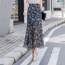 Floral skirt womens mid-length hanging fishtail skirt summer new large size high waist thin chiffon hip skirt
