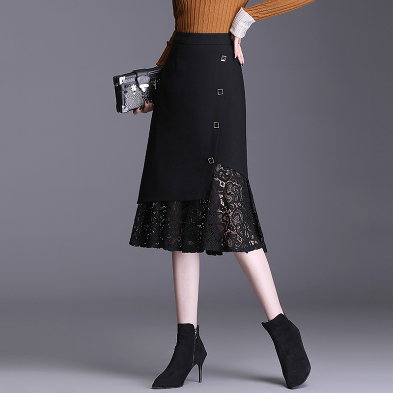 Gross Fish Tail Skirt Half Body Dress Woman Autumn Winter 2021 New Lace Splicing High Waist Display Slim medium long version Pack Hip Skirt