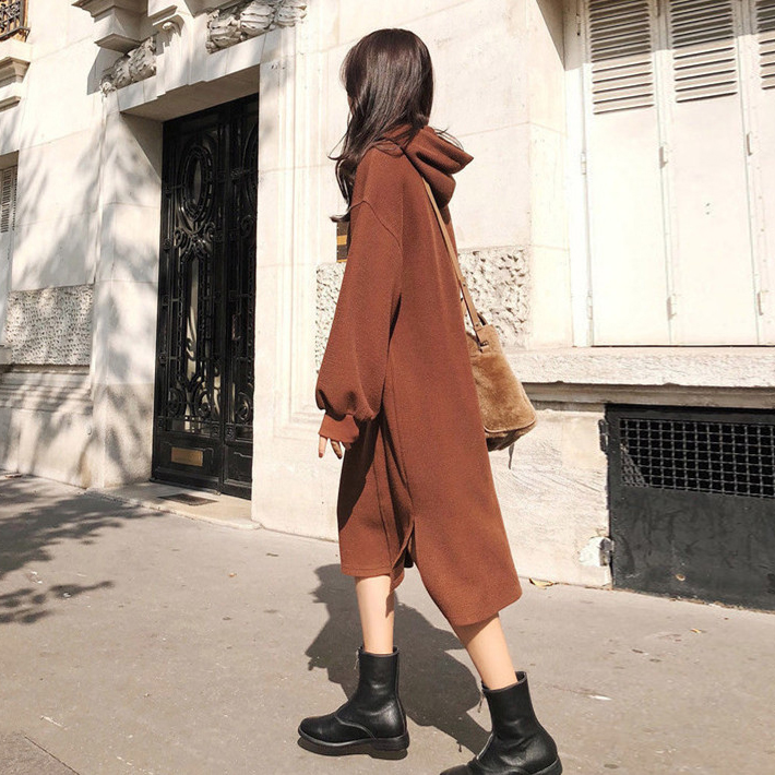 Early autumn Korean style lazy wind long section over the knee hooded sweater dress women's French retro net red loose knitted dress