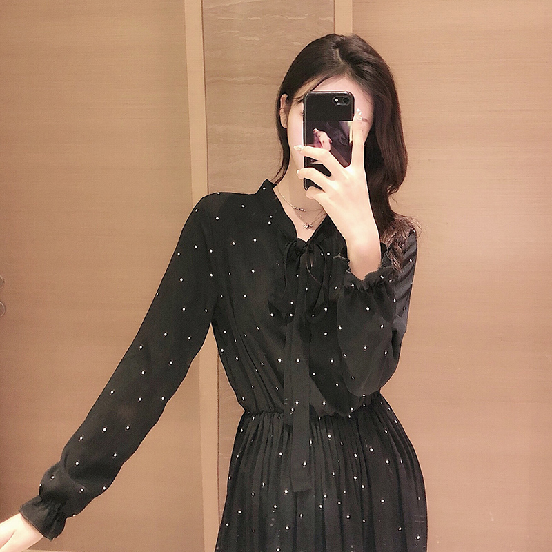 European Standing Wave Dot Printed Large Size Slim Long Sleeve Ocean Dress Bohemian Pressure Pleat Retro Snowspun Inner Hitch Long Skirt