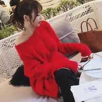Autumn and winter New Korean ins lazy wind one-collar loose pullover sweet mink velvet sweater thickened mohair