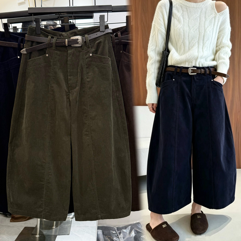 Korean Style 2026 Autumn Trendy Age-Reducing Versatile Corduroy Cropped Pants for Women, Loose Slimming Wide-Leg Balloon Casual Pants