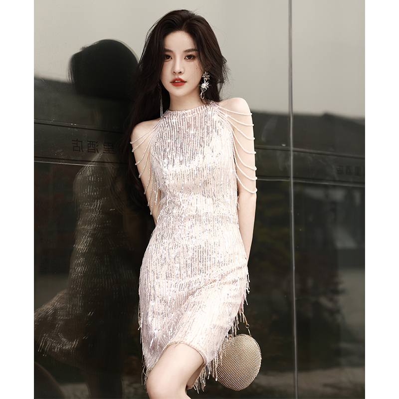 Evening Dress for Women 2026 New Style High-End Light Luxury Niche Classy Petite Short Birthday Silver Tassel Dress Evening Dress for Women 2026 New Style High-End Light Luxury Niche Classy Petite Short Birthday Silver Tassel Dress