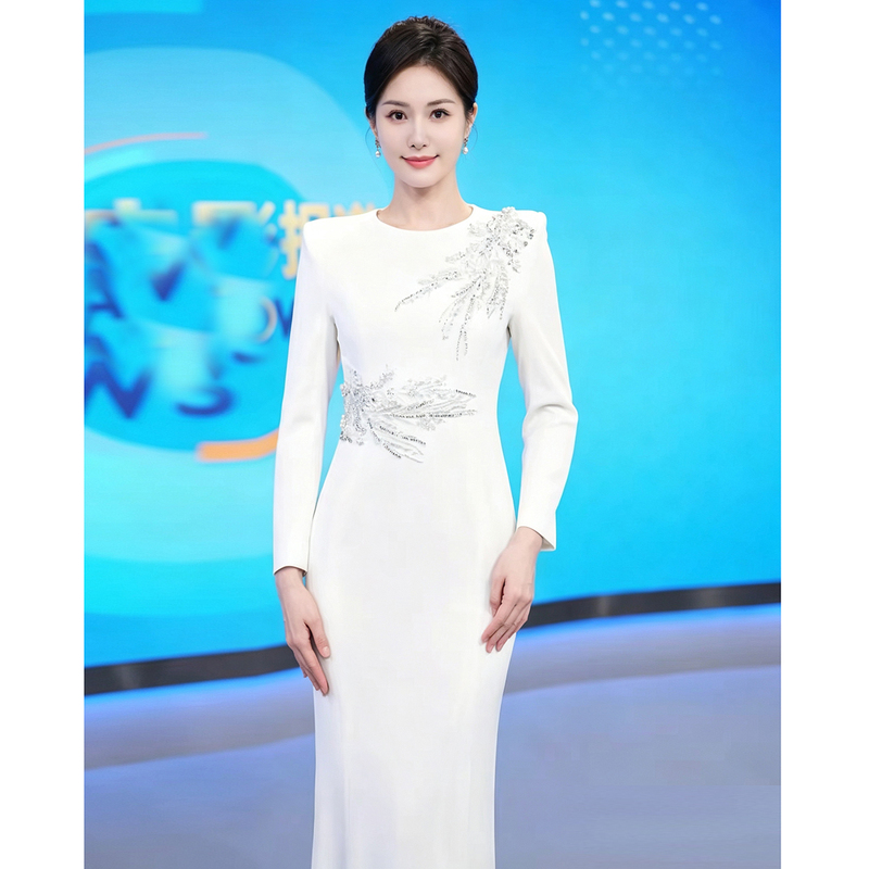 Evening Dress for Women 2026 New Style High-End Luxury Niche Classy Elegant Host Long-Sleeve Formal Occasion White