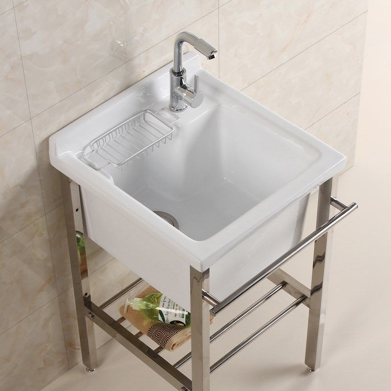 Ultra-deep enlarged ceramic balcony laundry basin stainless steel bracket washbasin square washbasin outdoor washbasin
