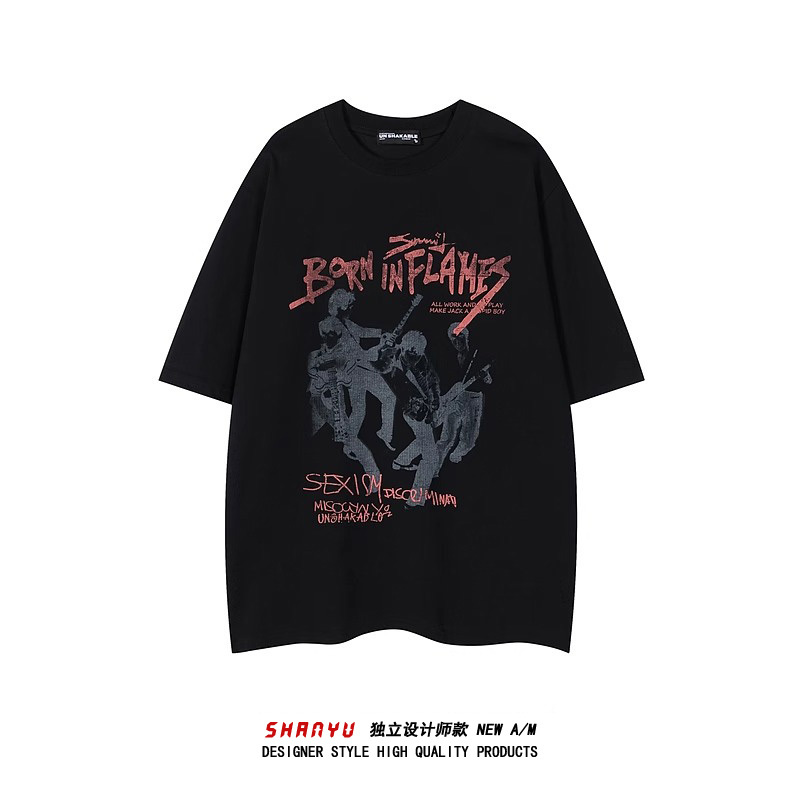 Shanyu American Street Rock Band Printed Short-Sleeved Trendy Hip-Hop Loose Casual Round-Neck Tee Shanyu American Street Rock Band Printed Short-Sleeved Trendy Hip-Hop Loose Casual Round-Neck Tee