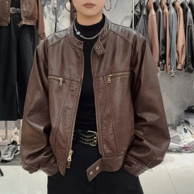 Autumn Retro Hong Kong Style Round Neck Loose Leather Jacket for Women, New Short Pu Leather Biker Jacket for Petite Figures