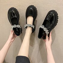 2021 summer new single shoes women Inn College Wind small leather shoes black pine pastry thick bottom crystal retro Mari Jane shoes