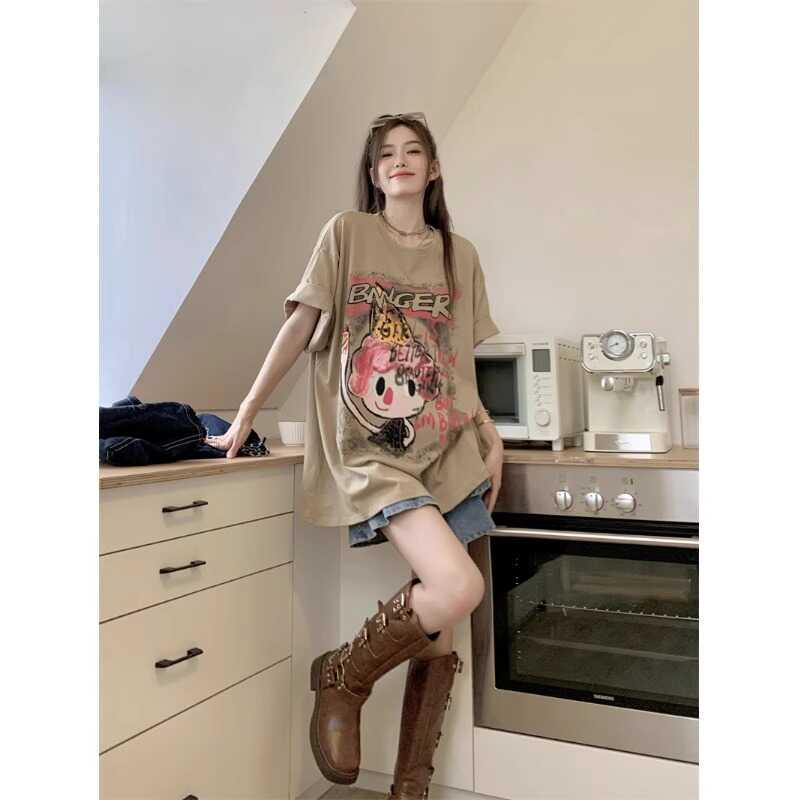 American Retro Cartoon Print Pure Cotton Short-Sleeved T-Shirt for Men and Women, Large Size Fat Mm, Loose Mid-Length Couple Wear Half-Sleeved