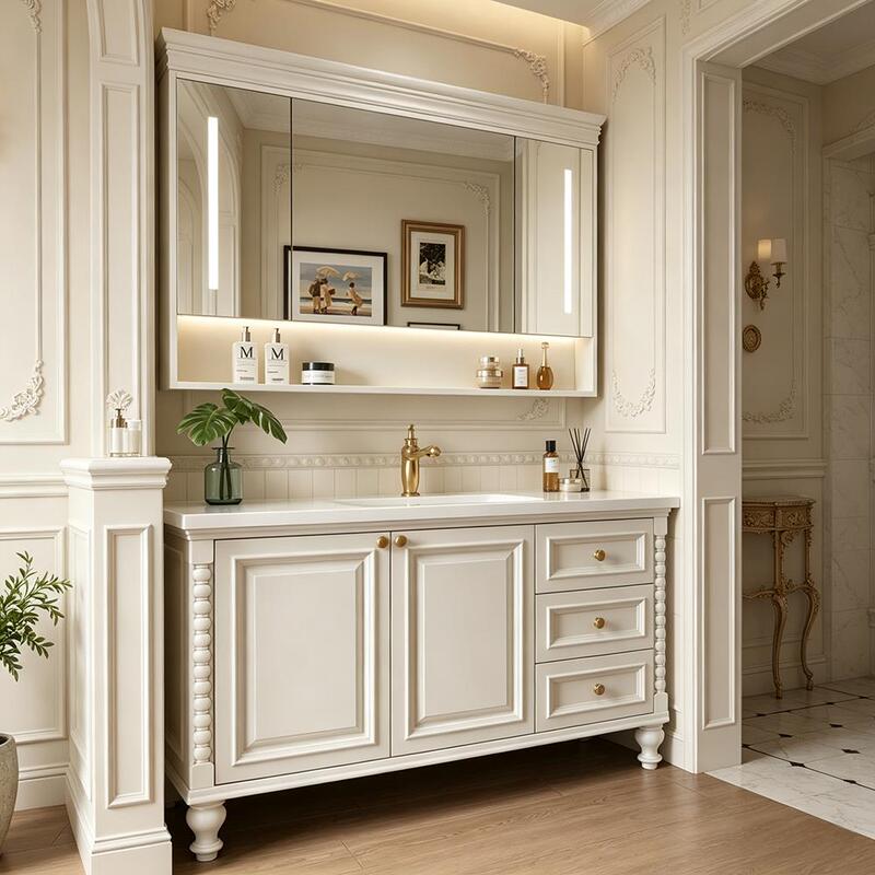 American-Style Bathroom Cabinet, Oak French Retro Style Combination Washbasin, Washstand, Bathroom Floor-Standing