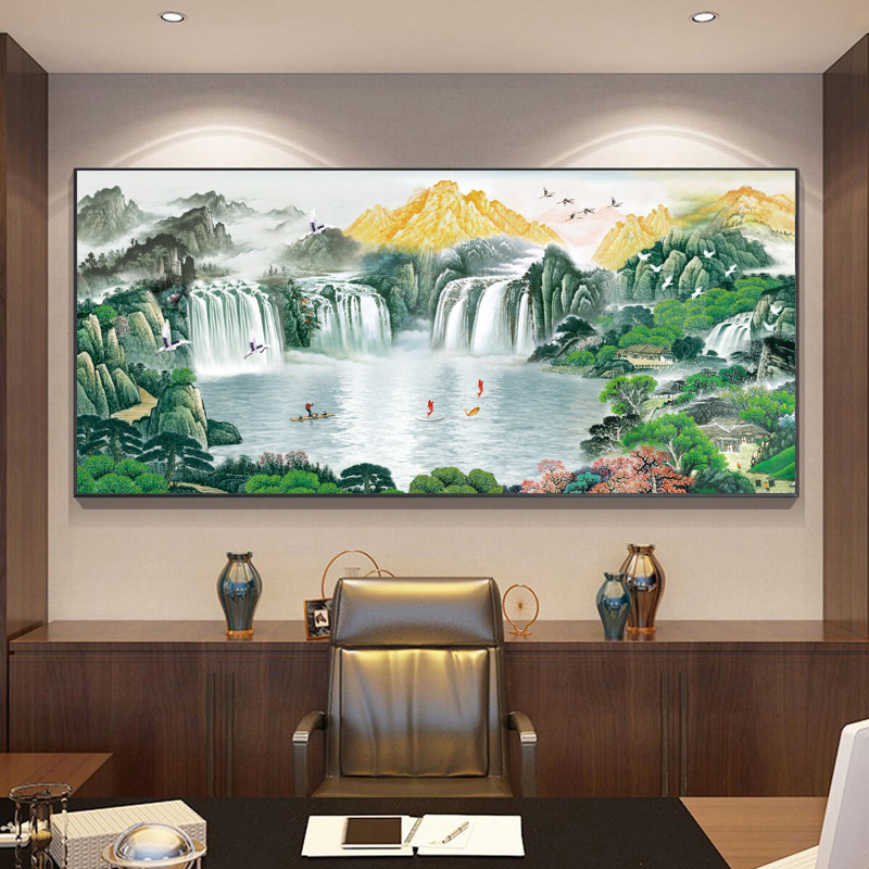 Golden Mountain Treasure Basin Landscape Painting, Calligraphy and Painting, Office Hanging Painting, Traditional Chinese Painting, Living Room Sofa Background Wall Decoration Mural