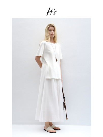 Hs Lyocell Dress for Women, Summer 2025 New Style, High-End Design, Loose Fit, Linen Blend, White Long Umbrella Skirt